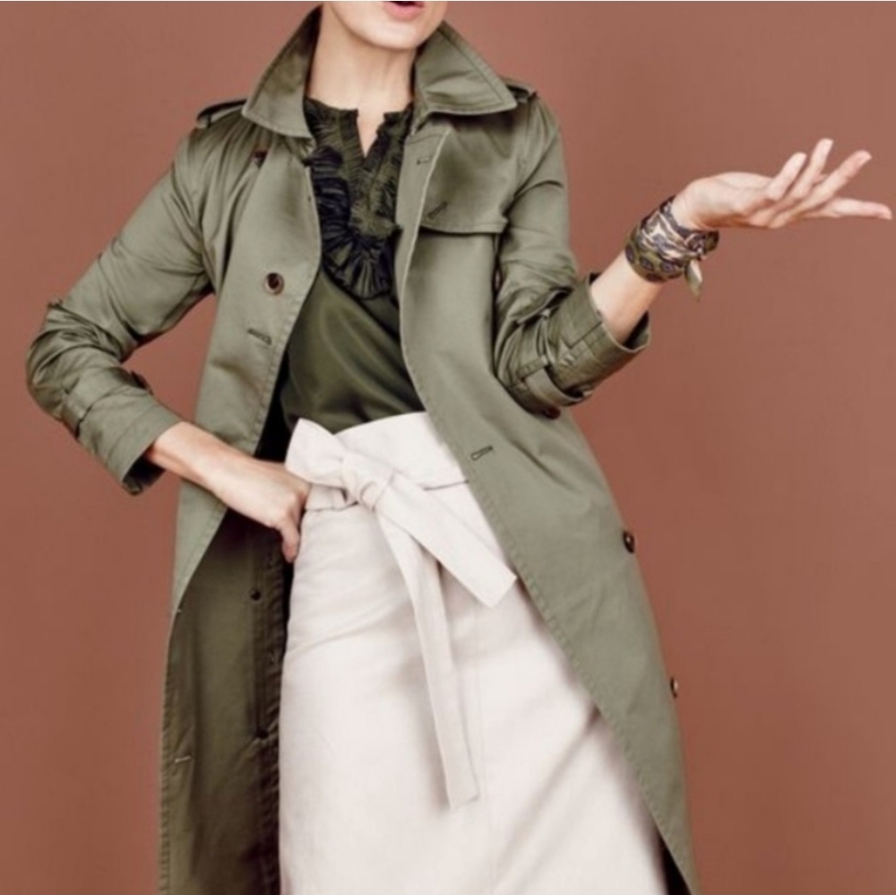 J. Crew City Trench Jacket Coat Olive Army Khaki Green Sz.000 Super Slim